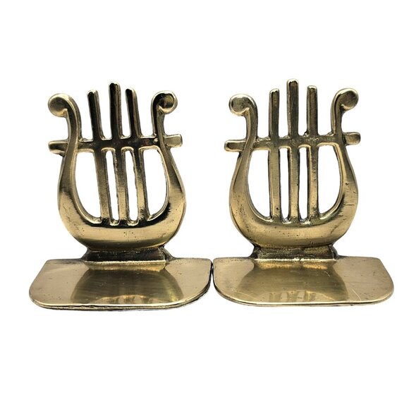 Vintage Brass Lyre Harp Bookends Mid-Century Design 4.25" Tall - Picture 1 of 10